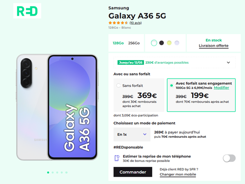 130€ de remise immédiate sur le Samsung Galaxy A36 5G avec un forfait mobile Red-by-SFR